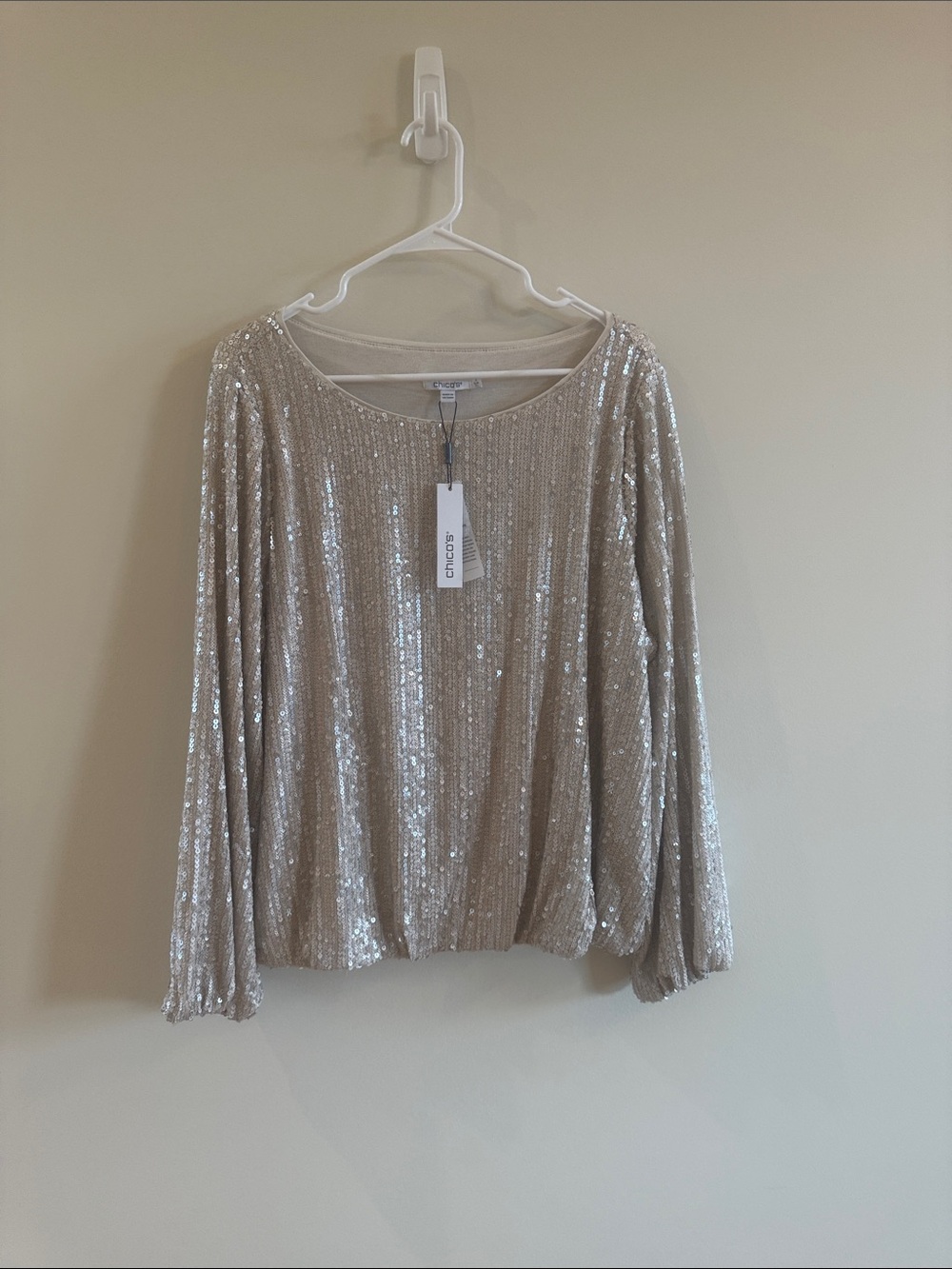 Chico's Silver Sequin Long Sleeve Scoop Neck Top